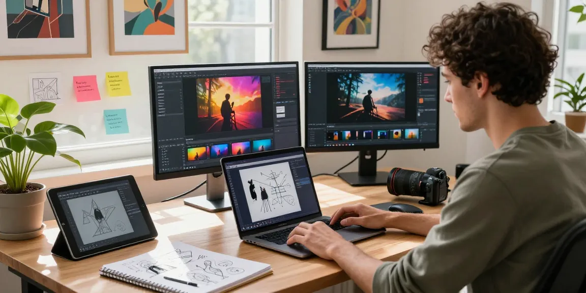 Engaged artist using a video to prompt converter in a vibrant workspace filled with creative tools and natural light.