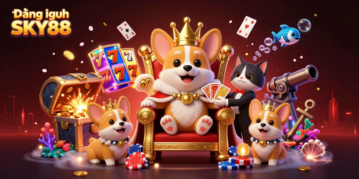 Engage in thrilling gameplay with Đăng nhập SKY88, featuring a royal corgi and exciting slot reels among treasures.