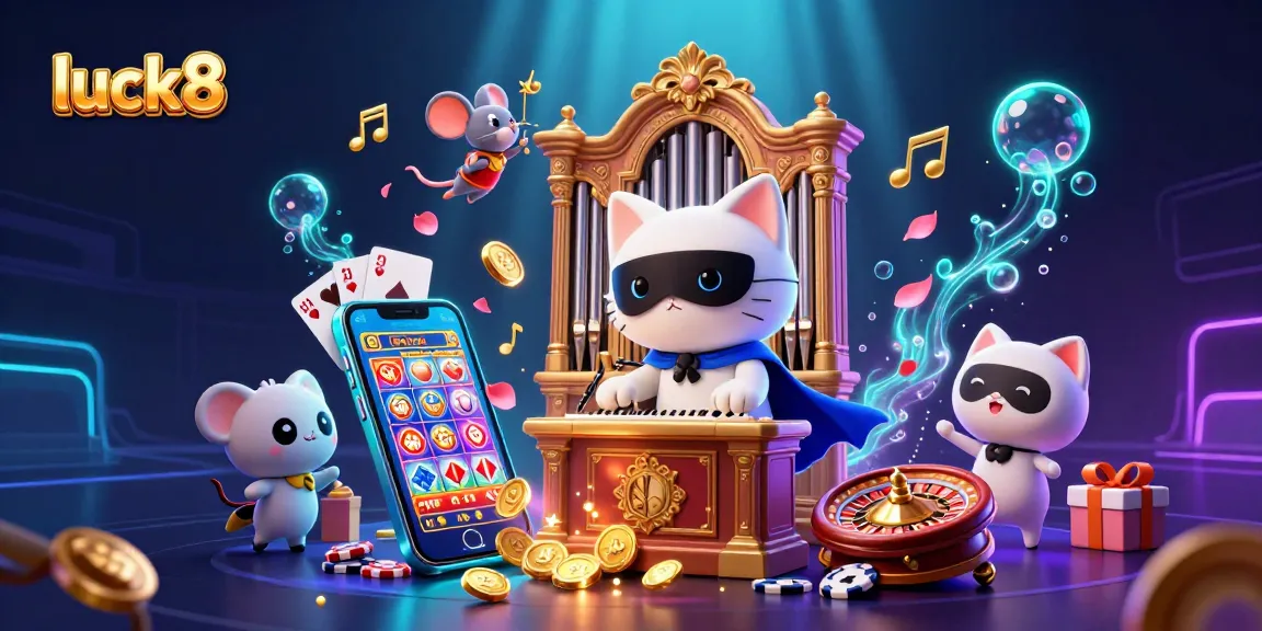 Engage with luck8's vibrant casino adventure featuring a phantom cat and mouse acrobat amid rich gaming elements.