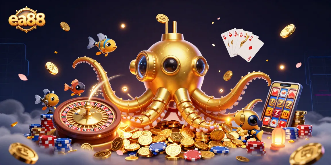 ea88 ignites excitement with a golden kraken submarine amid cascading coins in a dynamic casino scene.