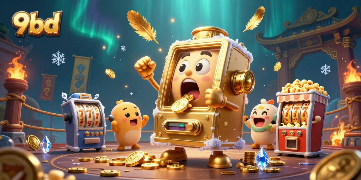 Engaging 9bd illustration with golden slot machine hitting a jackpot amidst exciting casino elements.
