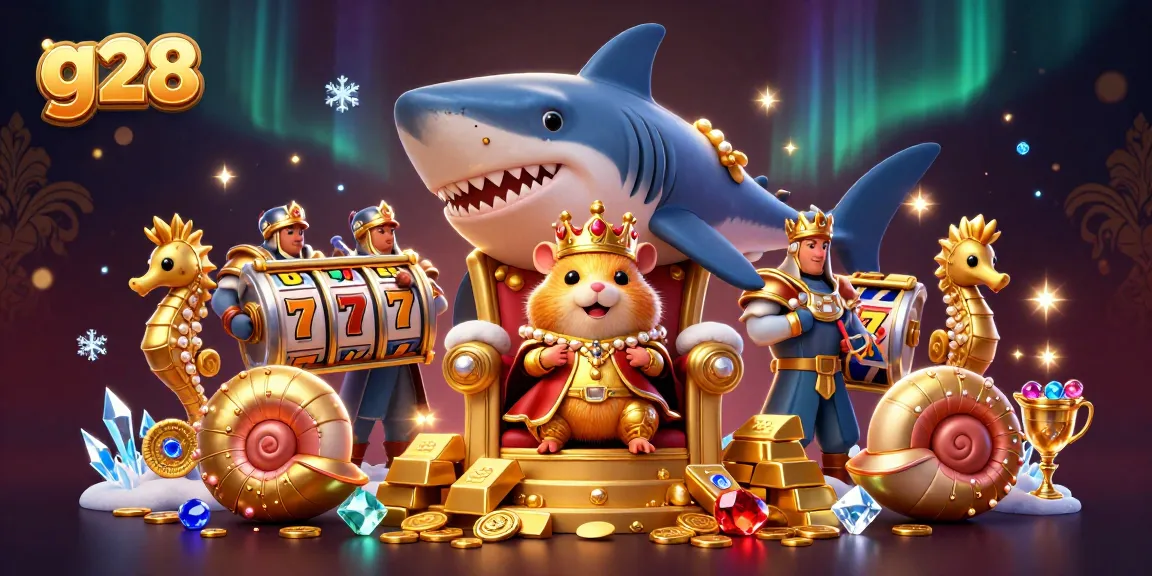 Experience the vibrant g28 gaming scene with the golden hamster king and slot reels amidst treasure chests.
