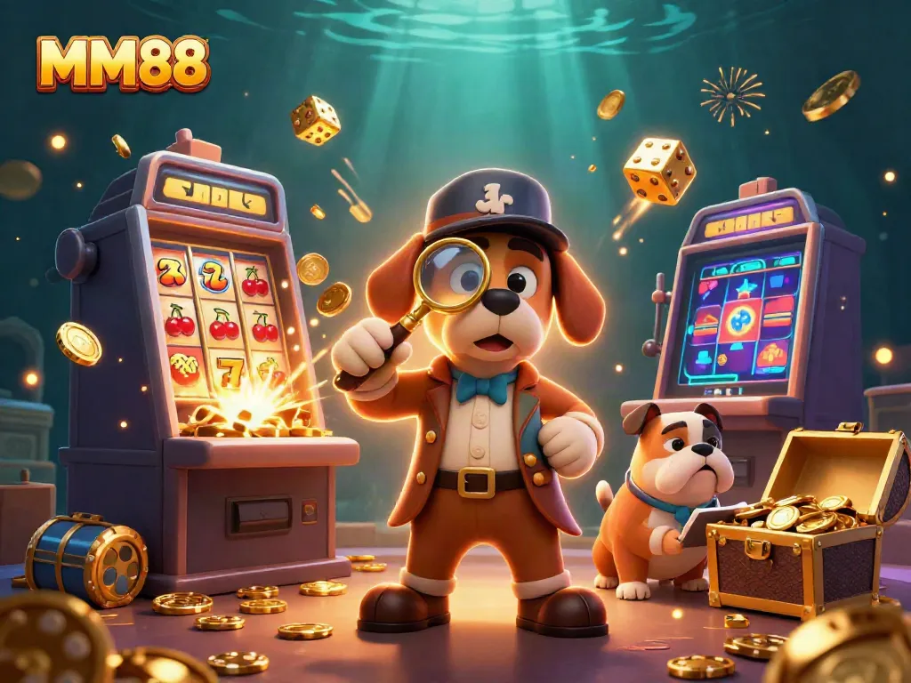 Examine a golden poker chip while uncovering MM88 casino treasures in this lively 3D scene.
