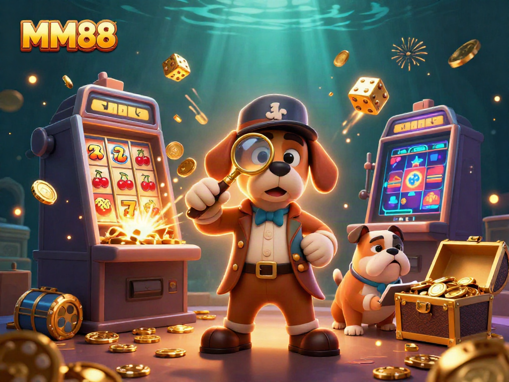 Examine a golden poker chip while uncovering MM88 casino treasures in this lively 3D scene.