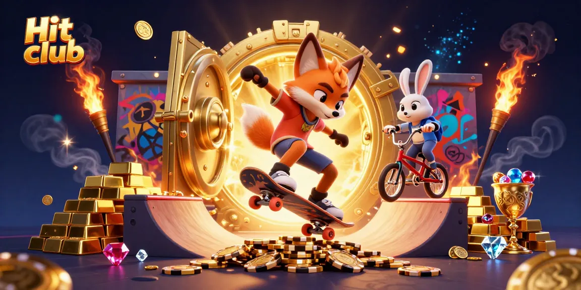 Hit club showcases a lively gaming scene with a fox and rabbit celebrating casino wins amidst sparkling treasures.