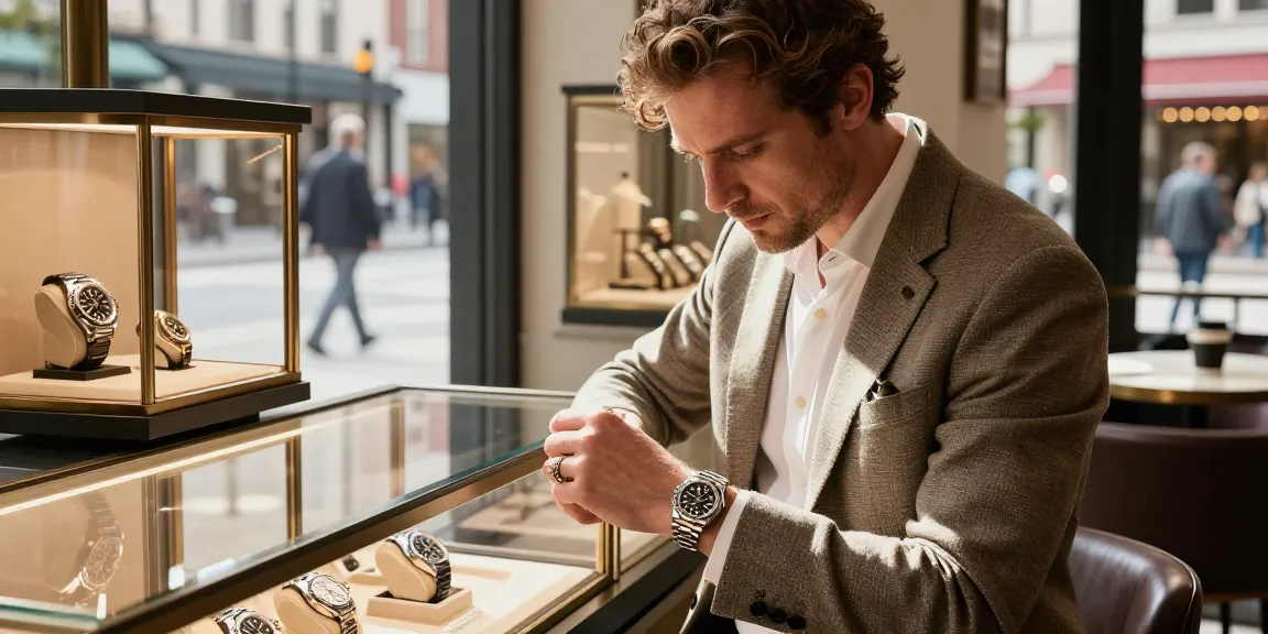 Exploring Rolex super clone watches in a chic urban watch boutique setting featuring luxury timepieces.