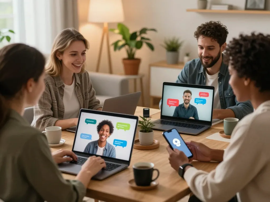 Engaging adults in sexchat via laptops, showcasing cozy home environment and connections.