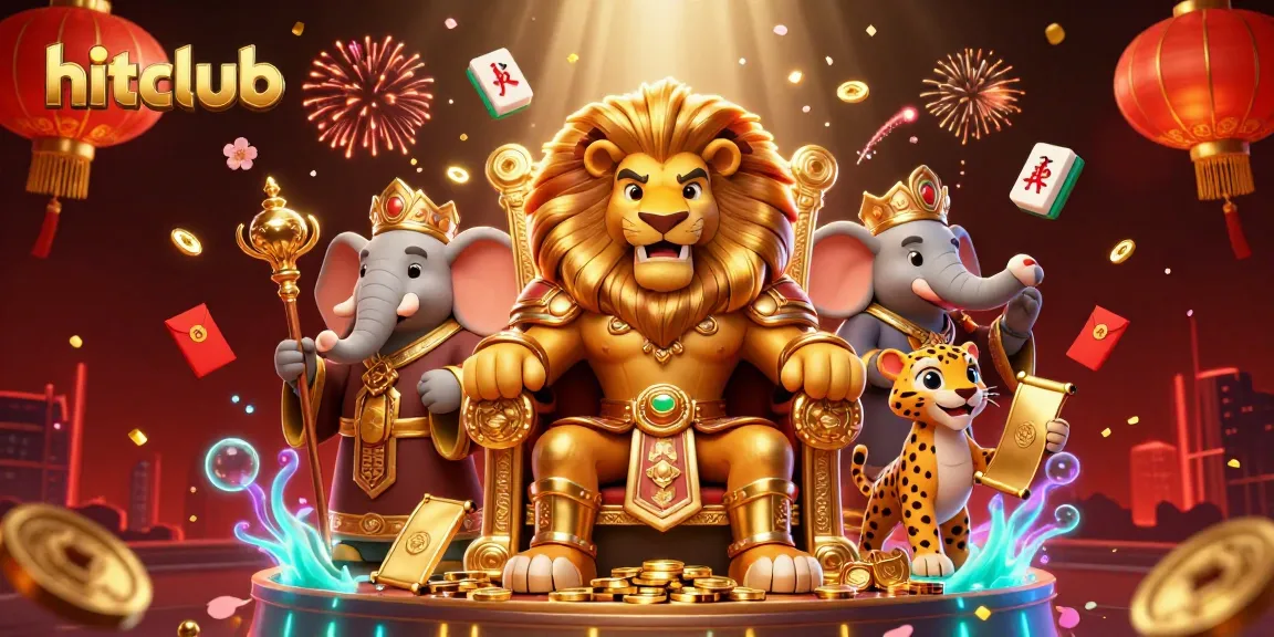 Experience exciting casino action with hitclub featuring a lion king, lucky symbols, and festive elements.