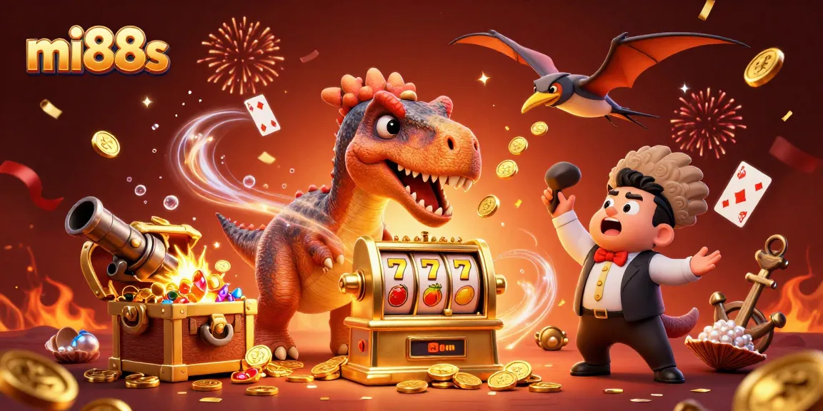 Experience excitement as mi88s showcases an epic jackpot scene with prehistoric characters and vibrant casino elements.