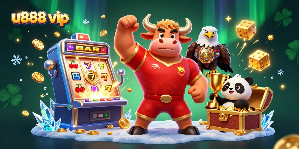 Win big with u888 vip at a dynamic online casino featuring a victory mascot scene.