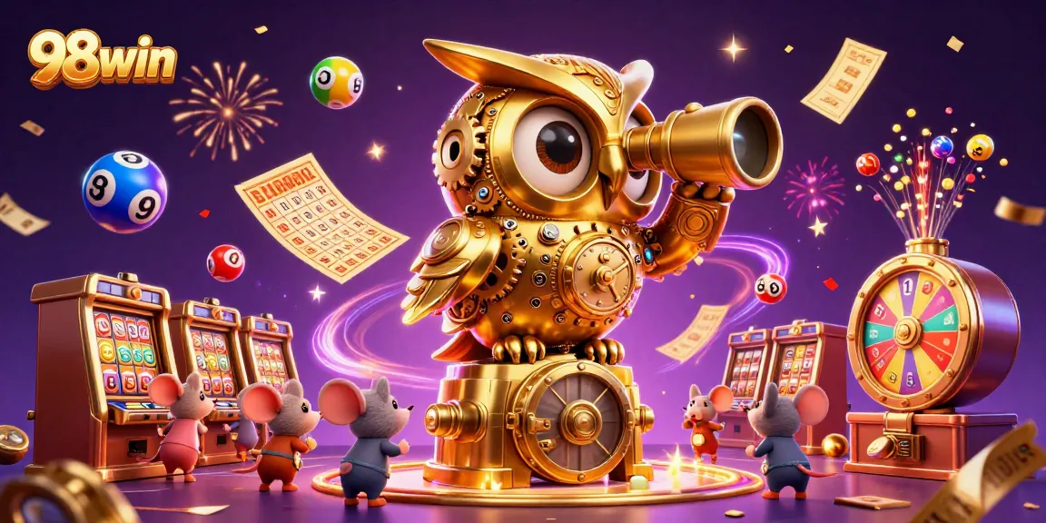 Engage with 98win's vibrant casino scene featuring an animated golden owl and lottery elements.