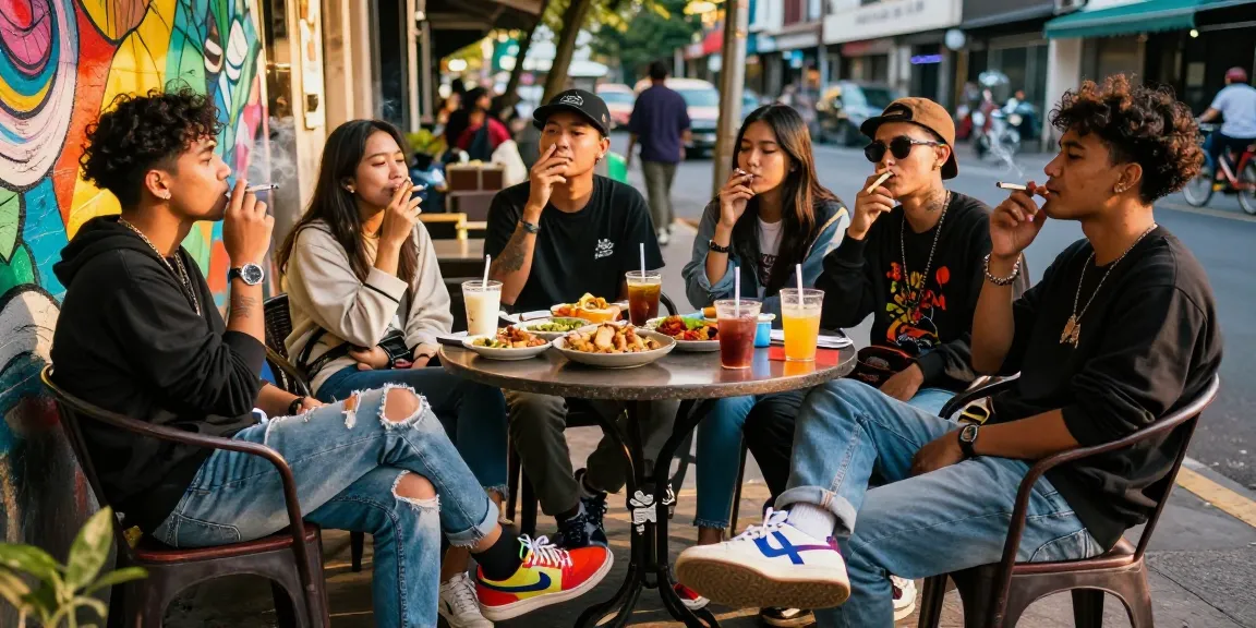Friends enjoying a casual atmosphere while smoking rokok 88 cigarettes at a lively café.