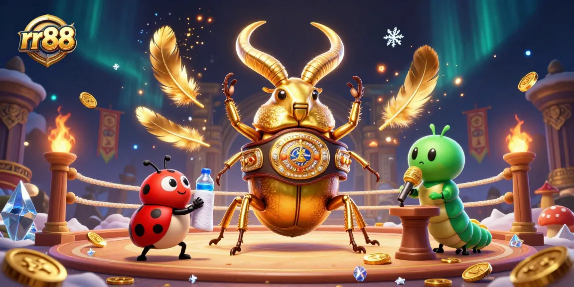 Engage in exciting betting at rr88 with a dynamic 3D scene featuring a champion beetle and vibrant casino elements.