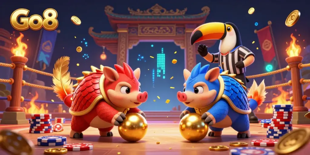 Go8's thrilling competition illustrated with rival pangolins bowling golden balls and poker chips, showcasing casino excitement.
