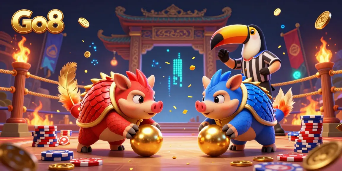 Go8's thrilling competition illustrated with rival pangolins bowling golden balls and poker chips, showcasing casino excitement.