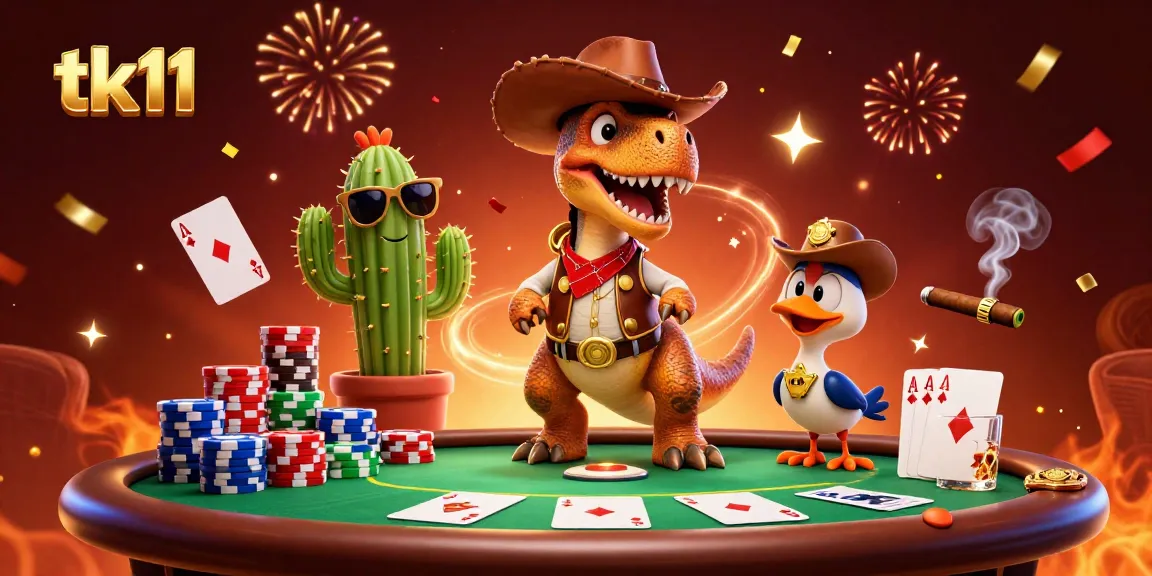 Experience the excitement of tk11 with this vibrant 3D casino scene featuring a cowboy dinosaur and poker elements.