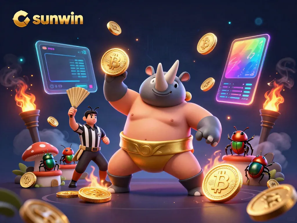 Witness the sunwin sumo beetle champion stomping gold coins in a vibrant digital casino scene.