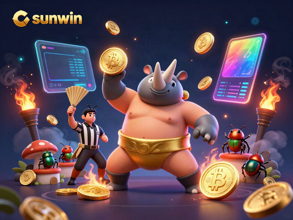 Witness the sunwin sumo beetle champion stomping gold coins in a vibrant digital casino scene.