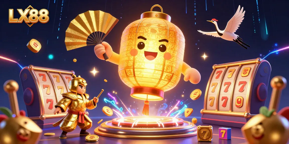 LX88 casino scene showcasing a glowing lantern spirit surrounded by vibrant slot game elements and warriors.