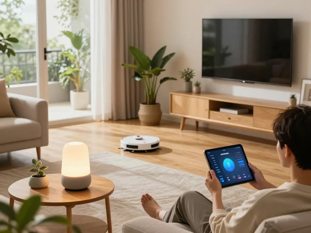Cozy living room with tech gadgets for home, featuring a smart speaker and tablet in an inviting modern setting.