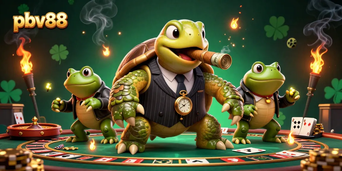 Engage in thrilling gameplay at pbv88 with a vibrant casino illustration featuring a snapping turtle mobster and frog enforcers.