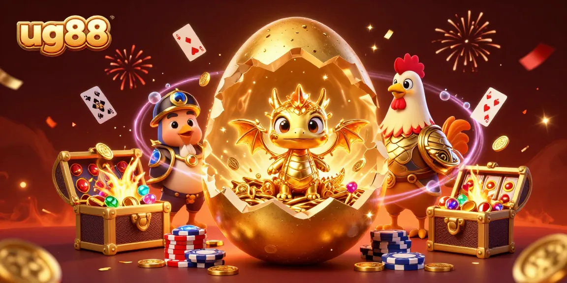 Experience thrilling moments in ug88's vibrant illustrated casino scene with golden dragon and treasure.