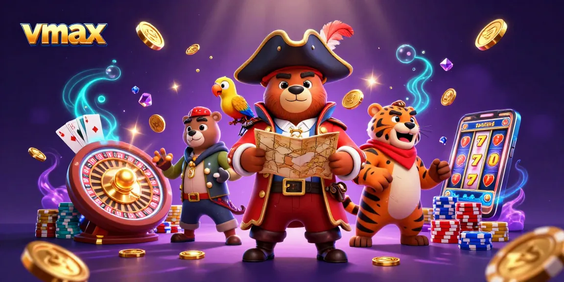 Experience thrilling gaming with vmax featuring pirate characters amidst coins and cards.