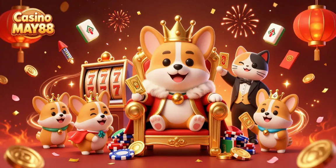 Engage with thrilling Casino MAY88 action featuring a royal corgi king on a poker chip throne.
