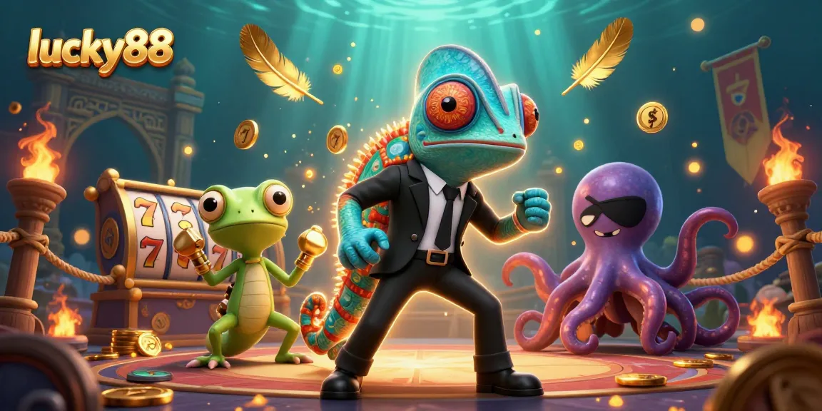 Experience the thrill of lucky88 with vibrant casino action, featuring a chameleon and gecko amid golden slot elements.