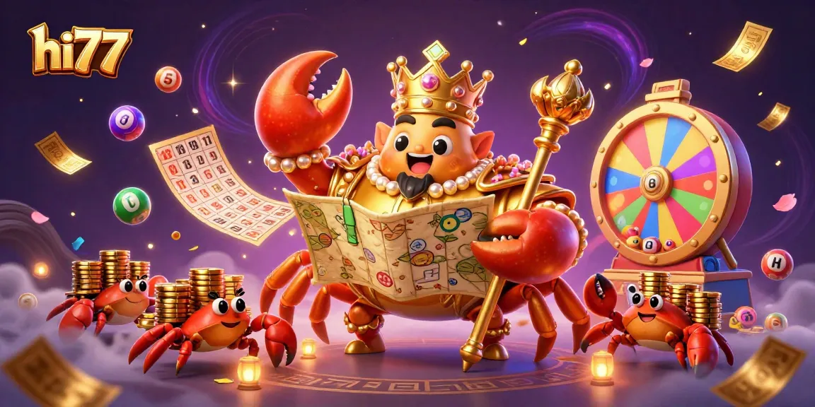 Experience the thrill of hi77 with a vibrant 3D casino scene featuring colorful lottery elements and a majestic golden crab.