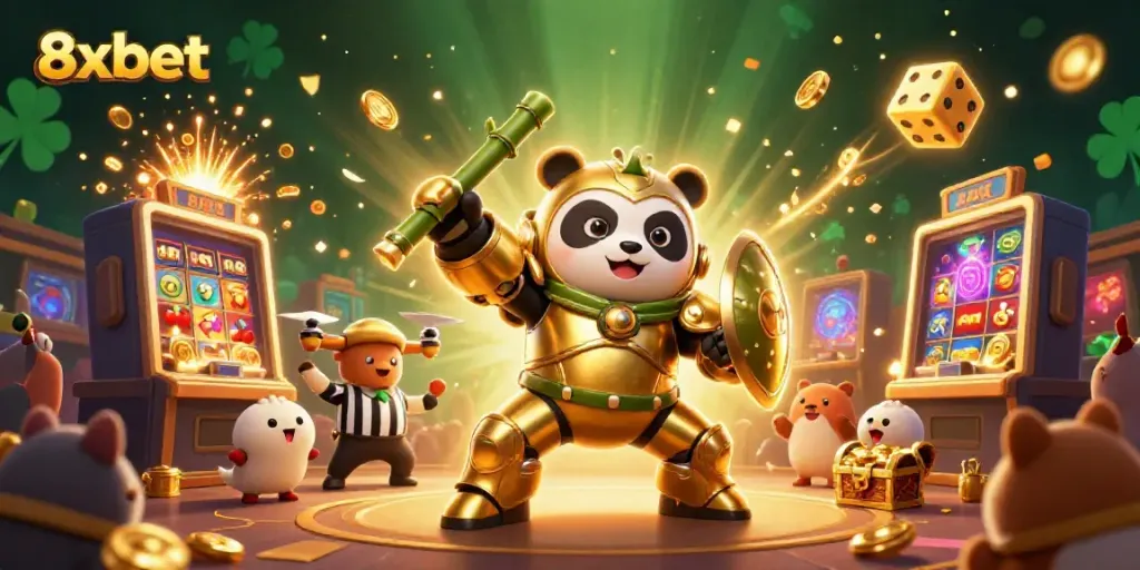 Experience thrilling gaming with 8xbet's dynamic slot machines, a golden panda hero, and vibrant casino elements.