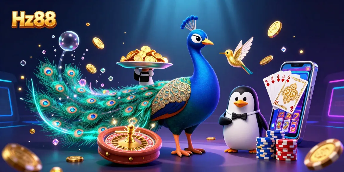 Experience thrilling gameplay at Hz88 with vibrant casino elements like a peacock and glowing coins.