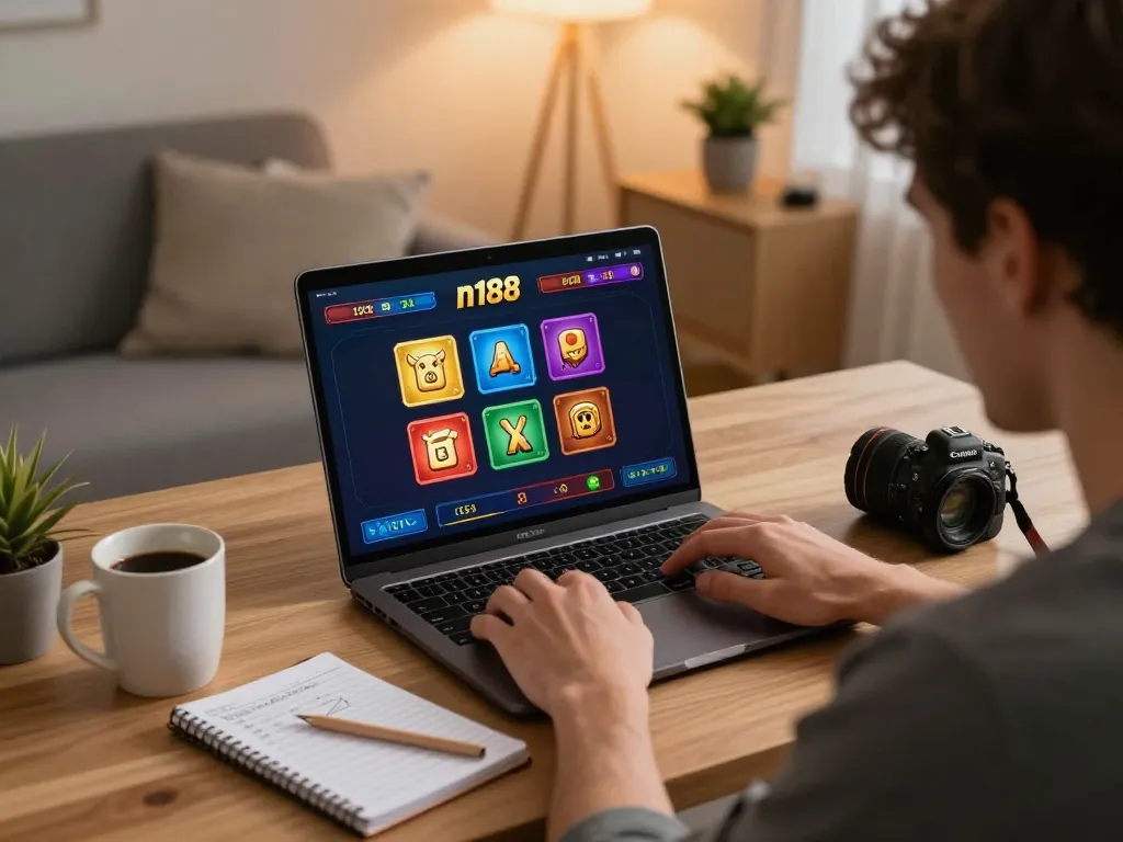 Player engaging with n188 online casino platform, showcasing laptop interface and strategic betting notes.