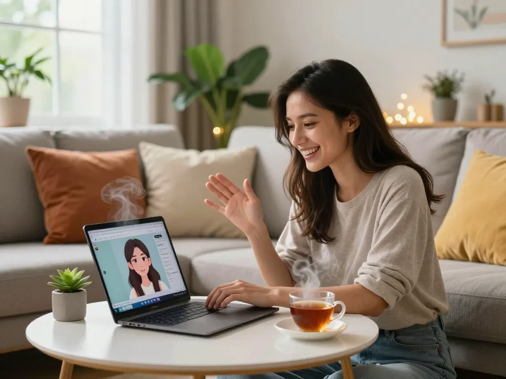 Engaging with ai girlfriend in a cozy virtual dating setting.