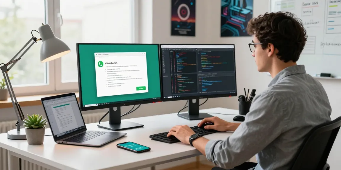Developer utilizing WhatsApp電腦版 on dual monitors in a modern workspace