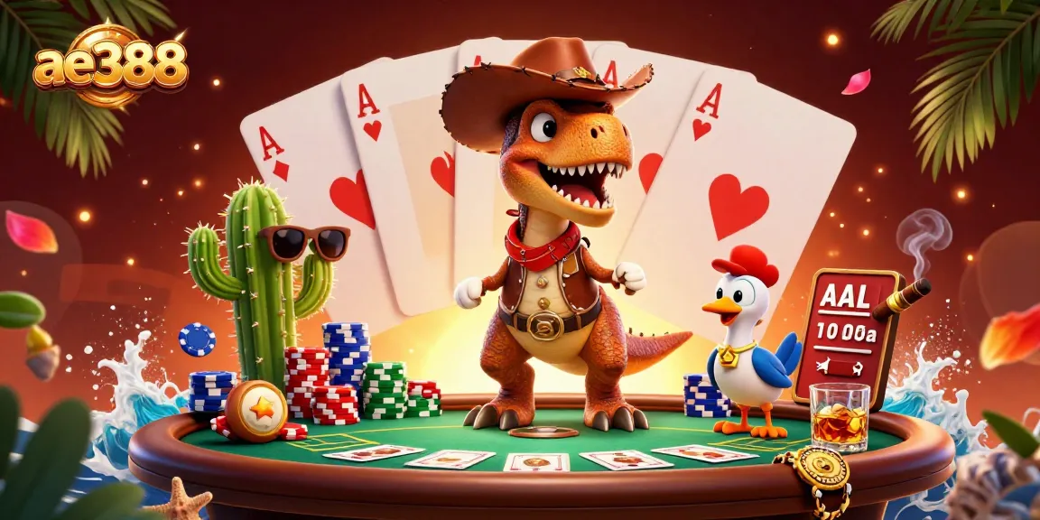 Experience the excitement of ae388 gaming with a vibrant illustration featuring a cowboy dinosaur and playful companions at a poker table.