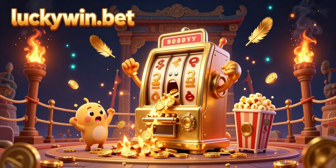 Engage with luckywin-bet's thrilling casino experience featuring a vibrant golden slot machine hitting a jackpot amidst fireworks.