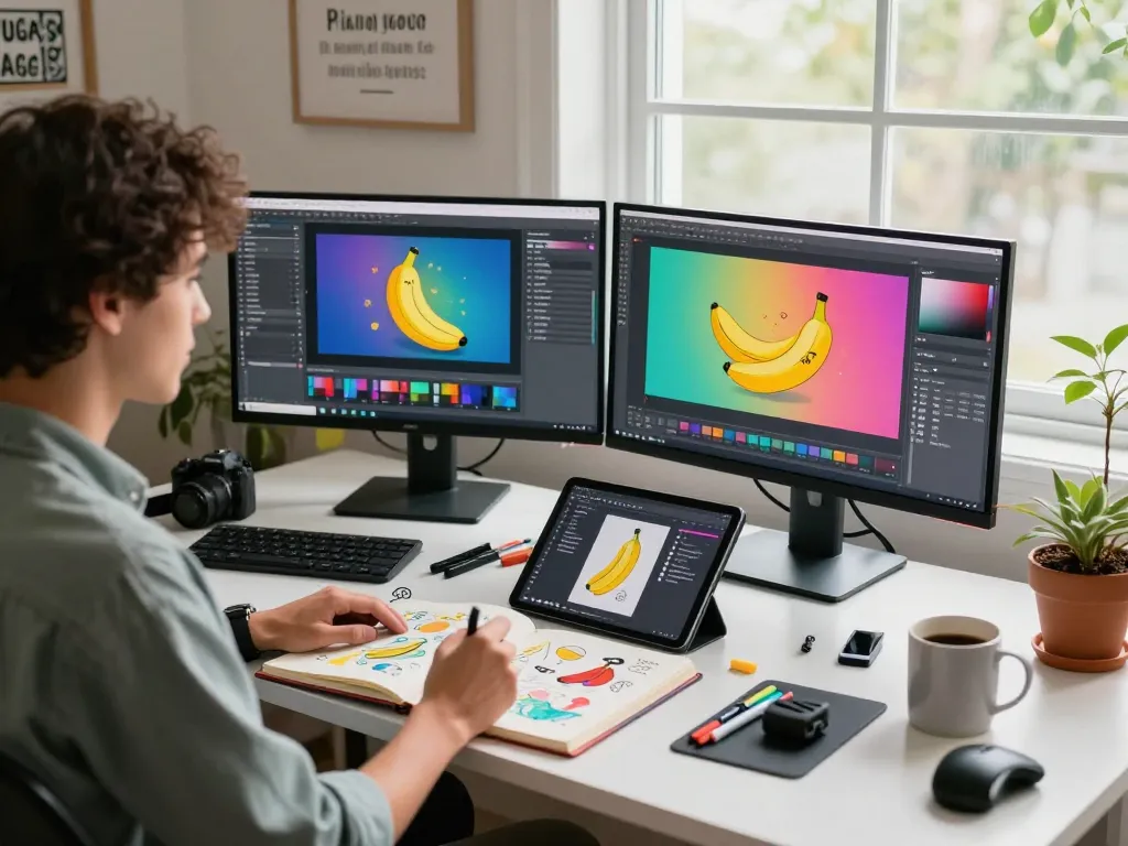 Digital artist using nano banana for creative projects in a bright workspace.