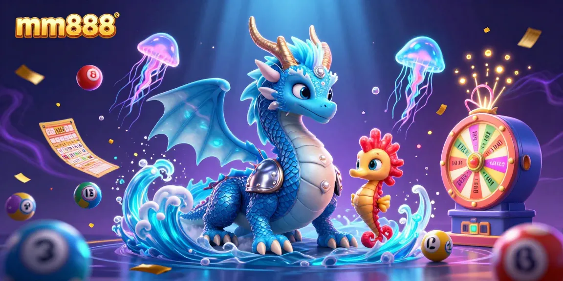 Experience the magic of mm888 with a vibrant underwater casino scene featuring an azure water dragon, seahorse knight, and neon jellyfish.