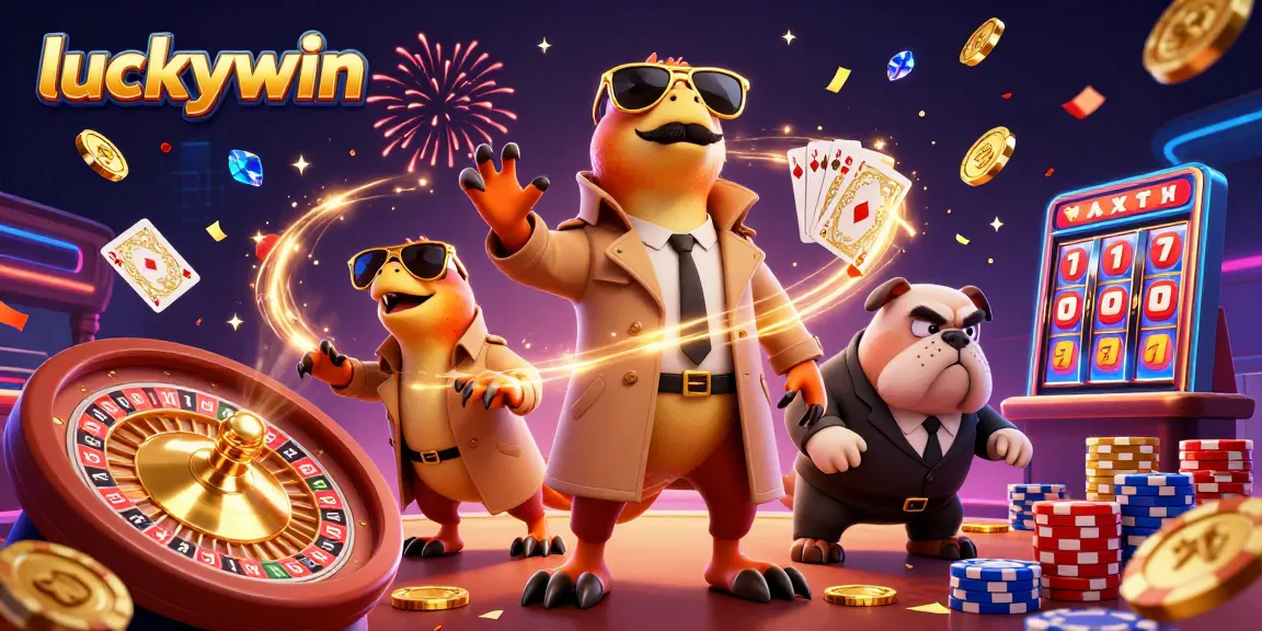Experience the excitement of luckywin in a dynamic casino scene with raptors and a bulldog bouncer.