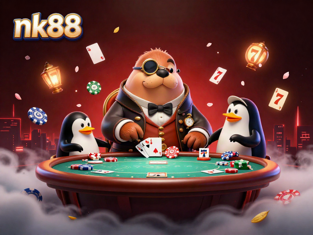 nk88 brand illustration featuring a walrus playing poker with a penguin dealer and a bluffing pufferfish.