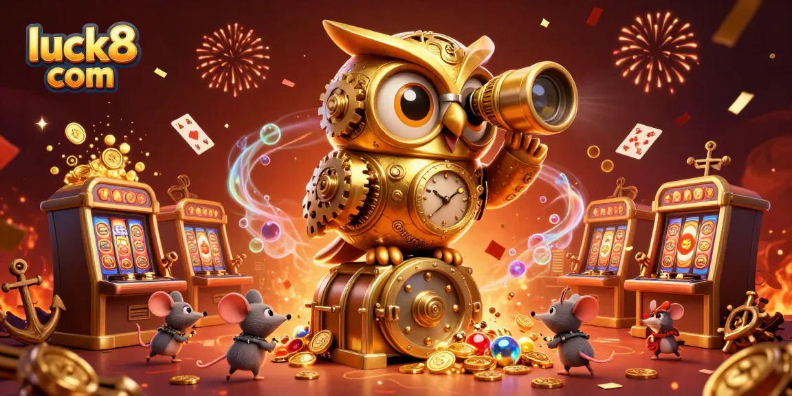 Engage luck8 com's thrilling casino experience with a golden owl and dynamic slot machines.