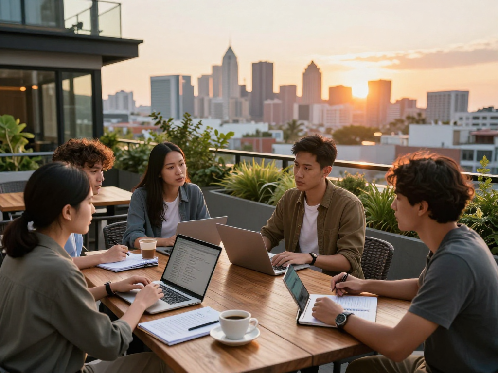 A diverse group analyzing how much does airbnb charge hosts with laptops at scenic urban Airbnb property.