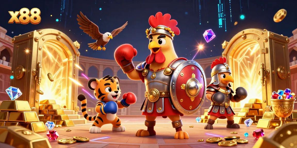 x88 depicts a thrilling atmosphere with a gladiator rooster and treasures in an electrifying casino arena.