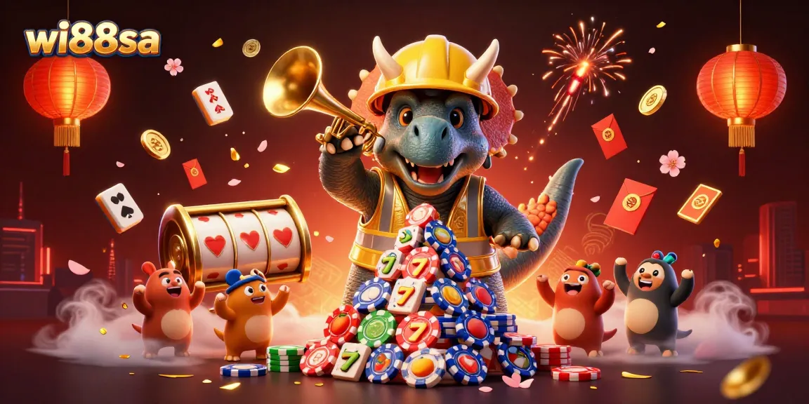 Win big at wi88sa with a lively 3D casino illustration featuring fun elements like poker chips and slot reels.