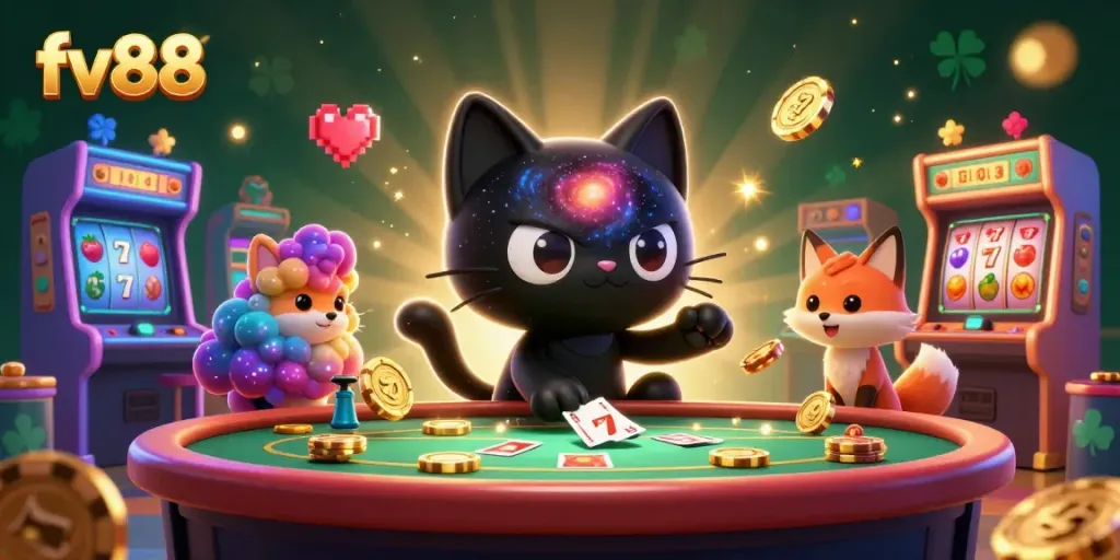 Engage with fv88's cosmic casino adventure featuring a black hole cat and colorful game elements.