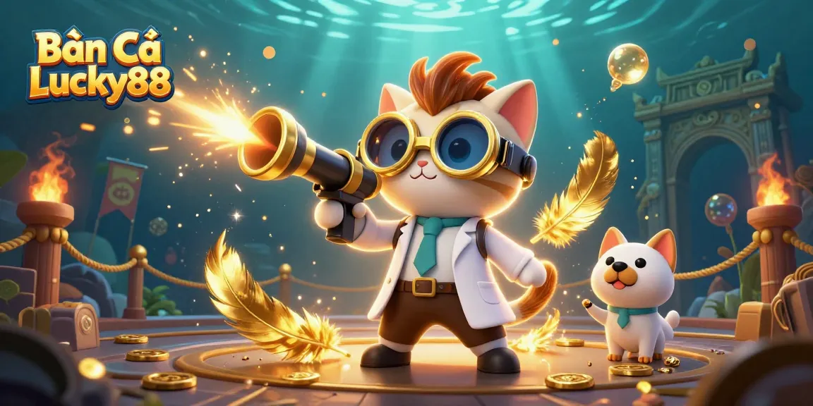 Bắn Cá Lucky88 with a mad scientist cat and assistant dog creating an underwater shooting game experience.