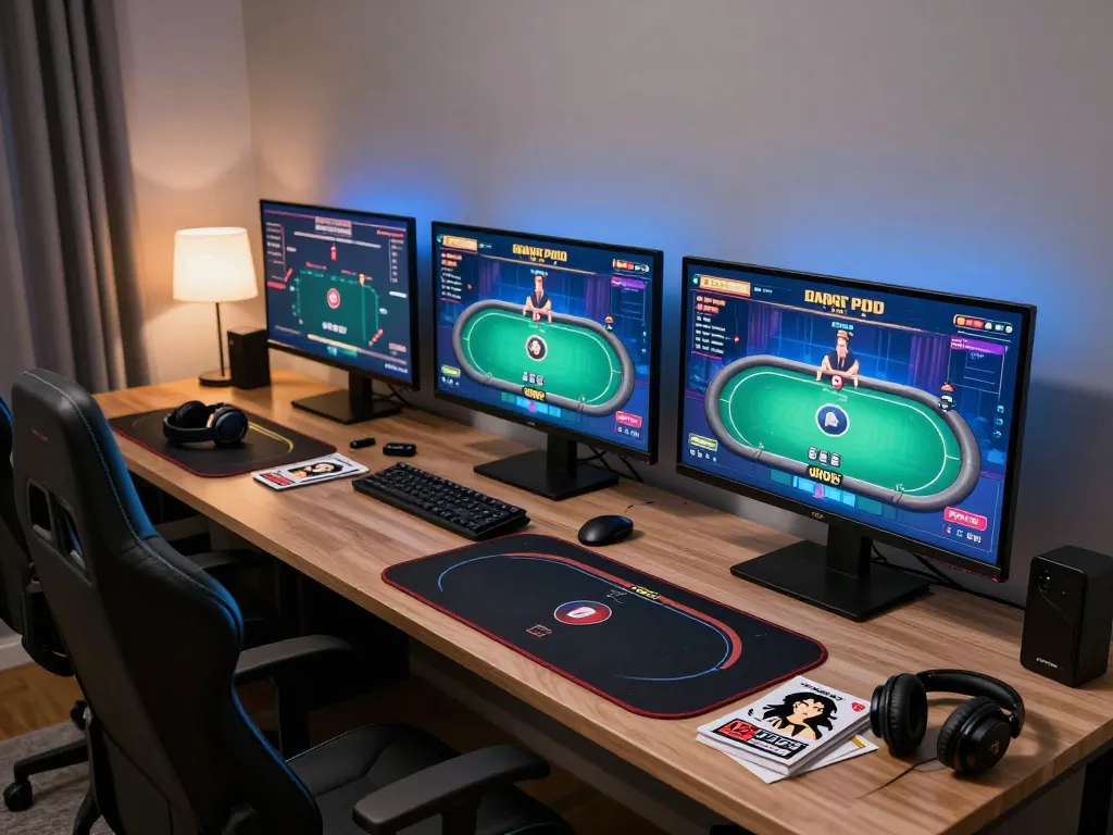 68win online poker fun setup with multiple screens featuring exciting gameplay in a cozy home environment