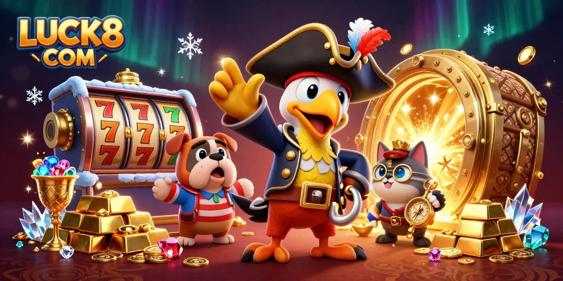 Spin slots and win big with LUCK8 COM in a vibrant casino treasure scene!