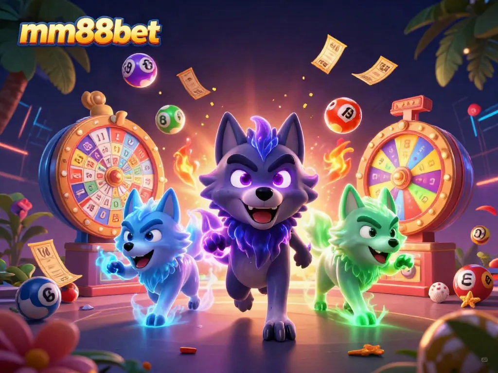 Engage in thrilling mm88bet gaming action with vibrant lottery elements and ghostly wolves illustrating excitement.